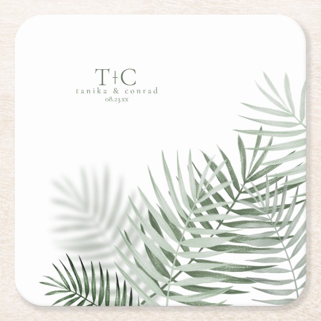 Lush Palm Leaf Wedding Moss Green/Wht ID956 Square Paper Coaster (Front)