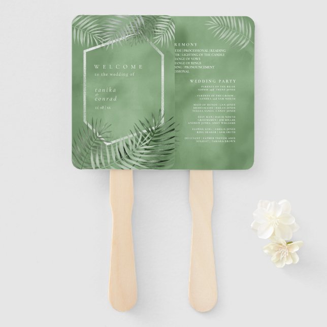 Lush Palm Leaf Wedding Program Moss Green ID956 Hand Fan (Front and Back)
