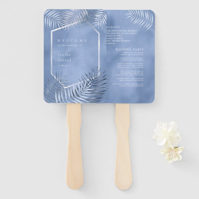 Lush Palm Leaf Wedding Program Windsor Blue ID956 Hand Fan (Front and Back)