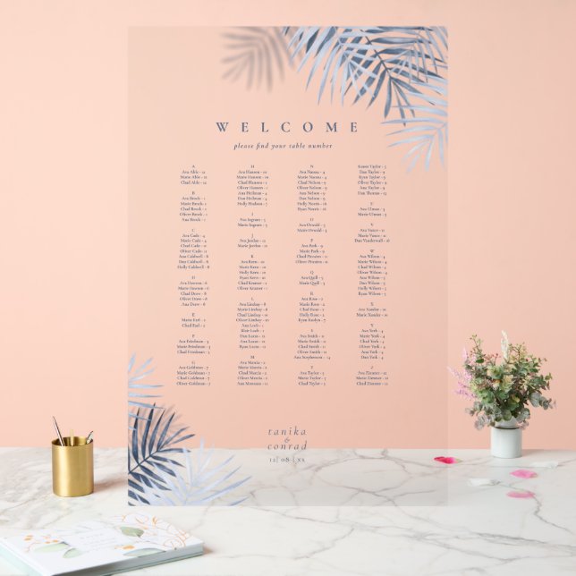 Lush Palm Leaf Wedding Seating Blue/Wht ID956 Acrylic Sign (Wedding)