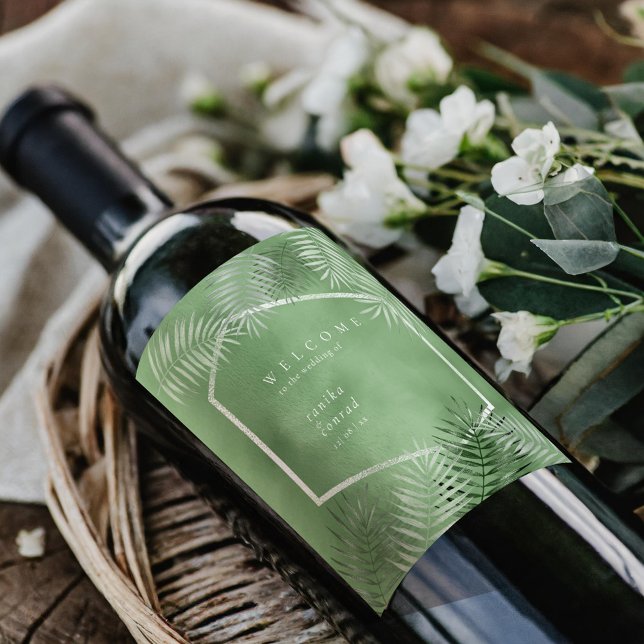 Lush Palm Leaf Wedding Welcome Moss Green ID956  Wine Label (Creator Uploaded)