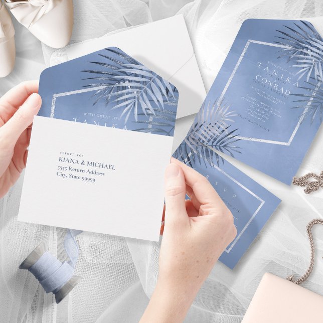Lush Palm Leaf Wedding Windsor Blue ID956  All In One Invitation (Creator Uploaded)