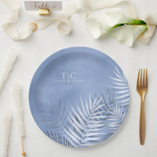 Lush Palm Leaf Wedding Windsor Blue V2 ID956 Paper Plate