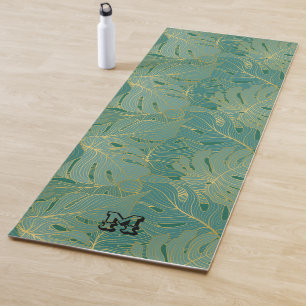 Lush palm leaves pattern in green and gold yoga mat