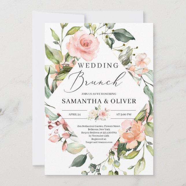 Lush pink and peach floral boho wedding brunch invitation (Front)
