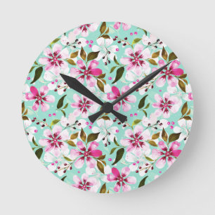 Lush Pink Blooms on Aqua Watercolor Floral Artisan Round Clock