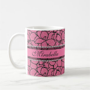 Lush Pink Lilies with black outline, pink glitter Coffee Mug