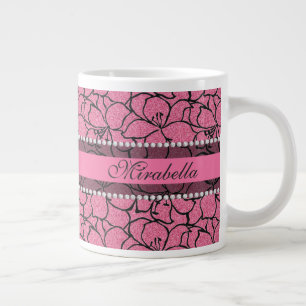 Lush Pink Lilies with black outline, pink glitter Large Coffee Mug