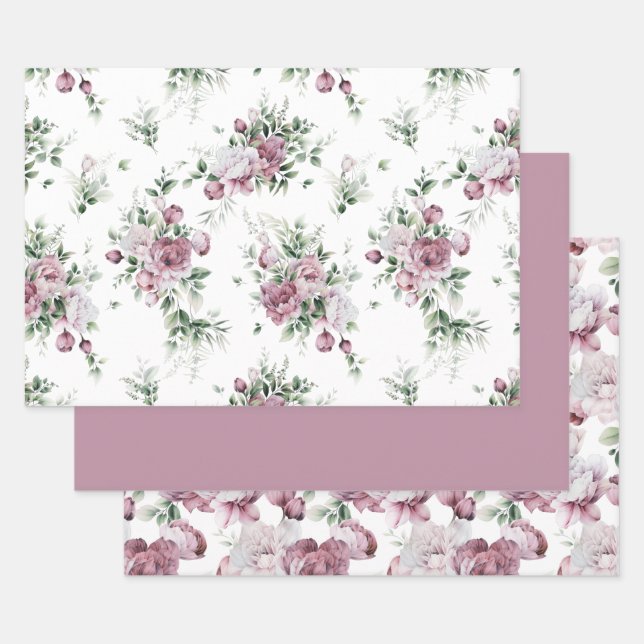 Lush Pink Peonies Greenery All Over Pattern Wrapping Paper Sheet (Set)