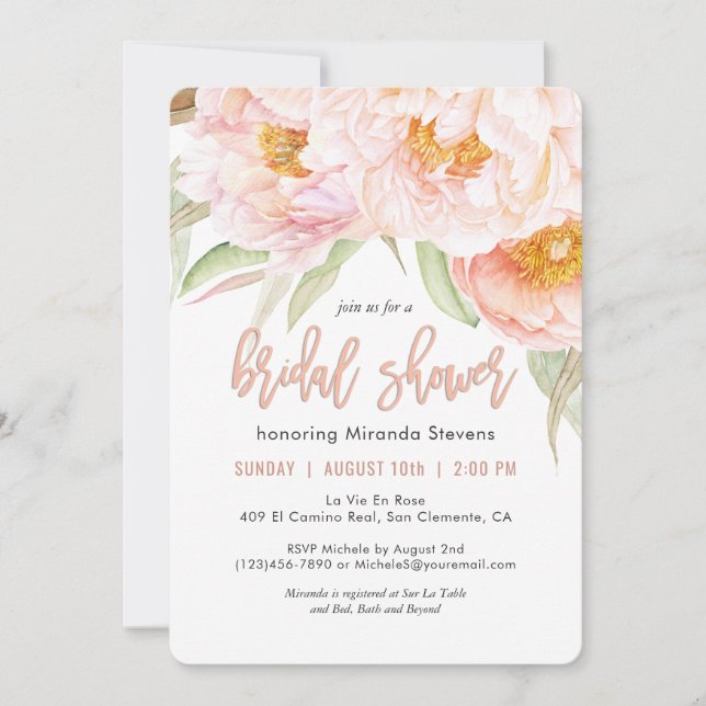 Lush Pink Peonies Watercolor Floral Bridal Shower Invitation (Front)