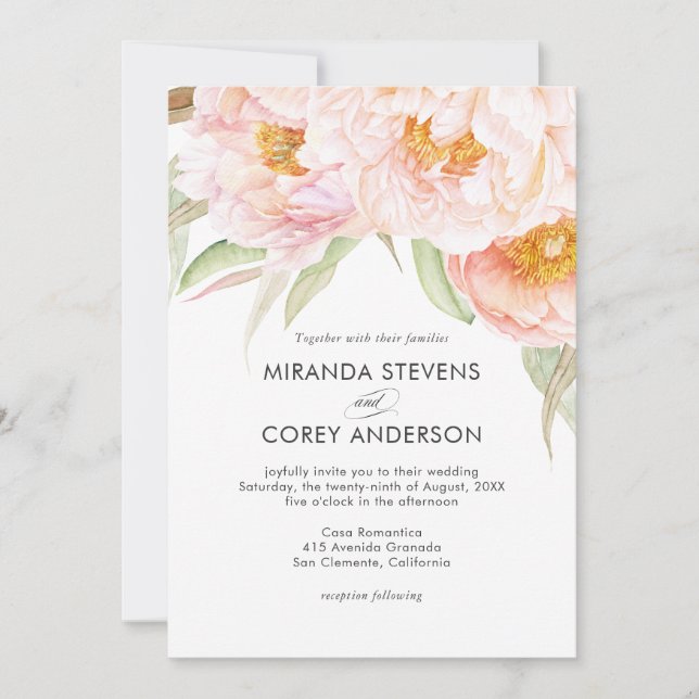 Lush Pink Peonies Watercolor Floral Wedding Invitation (Front)