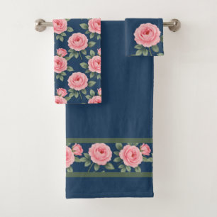 Lush pink roses botanical decorative pattern bath towel set