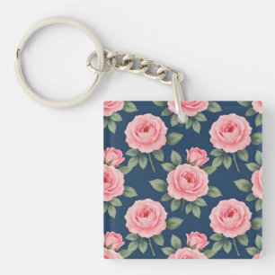 Lush pink roses botanical pattern key ring