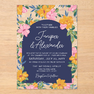 Lush Pink Yellow Flowers Dark Blue Wedding Acrylic Invitations