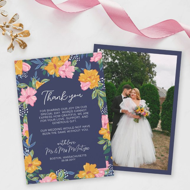 Lush Pink Yellow Flowers Dark Blue Wedding Photo Thank You Card (Creator Uploaded)