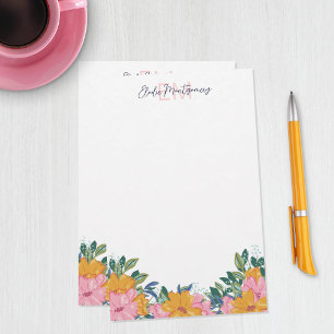 Lush Pink Yellow Flowers Name & Initial Stationery