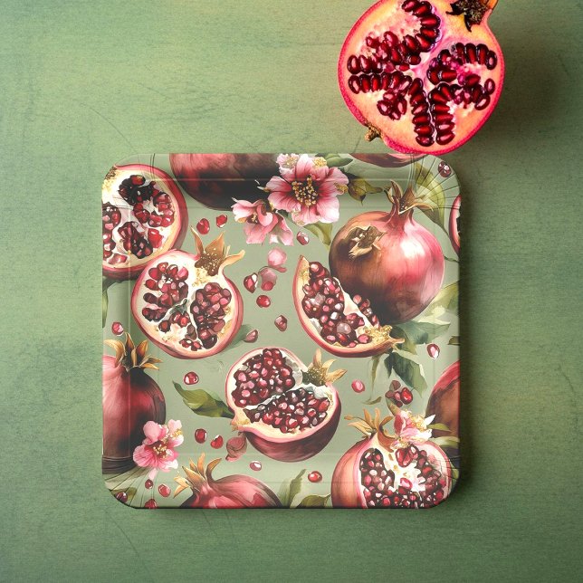 Lush Pomegranate Fruit and Flowers Pattern Paper Plate (Creator Uploaded)
