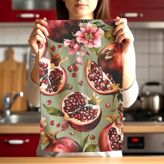 Lush Pomegranate Fruit and Flowers Pattern Tea Towel (Creator Uploaded)