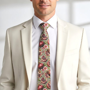 Lush Pomegranate Fruit and Flowers Pattern Tie