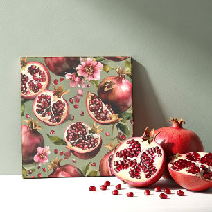 Lush Pomegranate Fruit and Flowers Pattern Tile