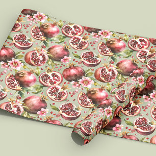Lush Pomegranate Fruit and Flowers Pattern Wrapping Paper