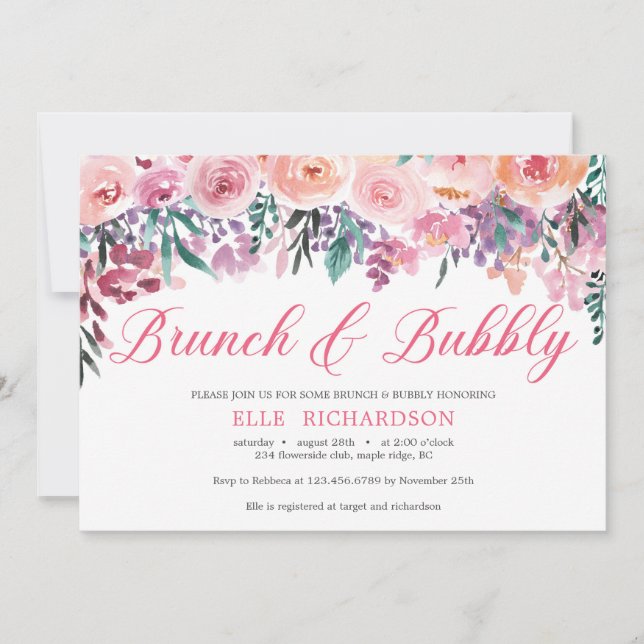 Lush purple blush pink floral brunch and bubbly invitation (Front)