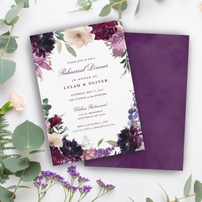 Lush Purple Flowers | Romantic Rehearsal Dinner In Invitation (Creator Uploaded)