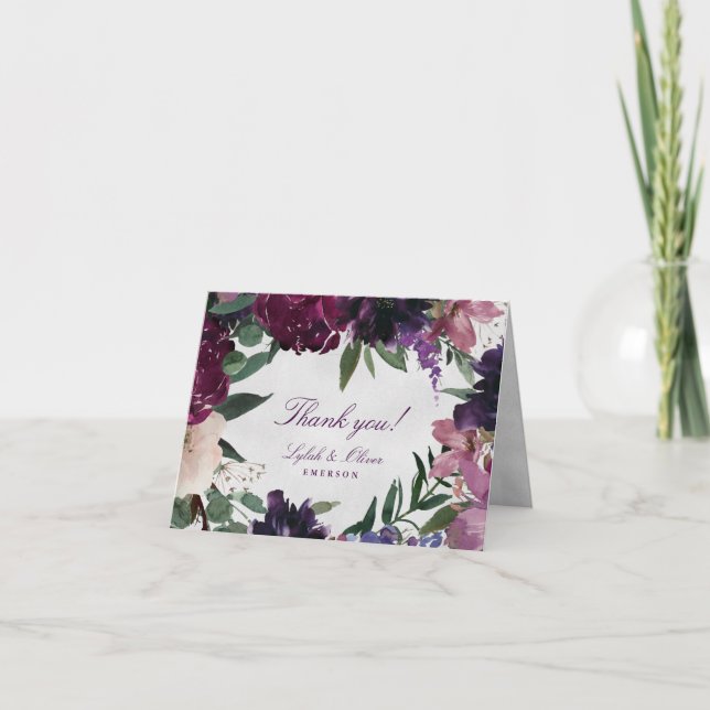 Lush Purple Flowers | Romantic Wedding Thank You Card (Front)