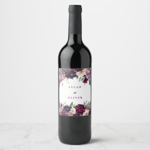 Lush Purple Flowers Romantic Wedding Wine Label