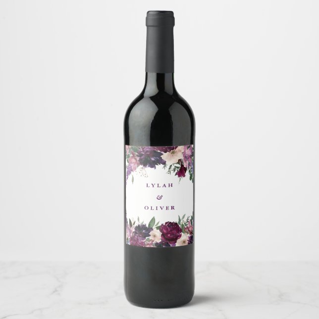 Lush Purple Flowers | Romantic Wedding Wine Label (Front)