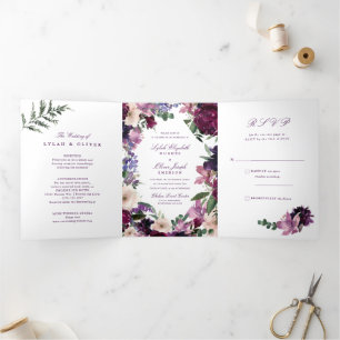 Lush Purple Flowers   Tri-Fold Wedding Invitations