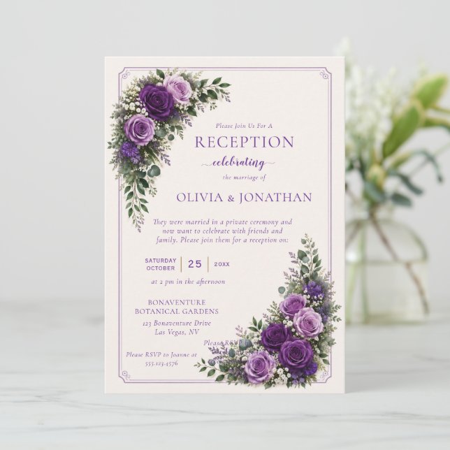 Lush Purple Roses Reception Only Wedding | Invitation (Standing Front)