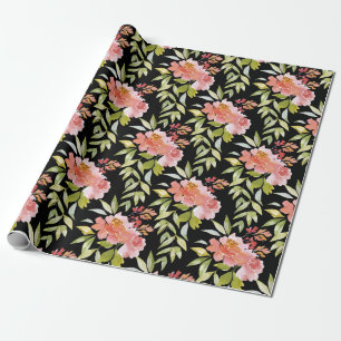 Lush Red Floral Greenery on Black Wrapping Paper