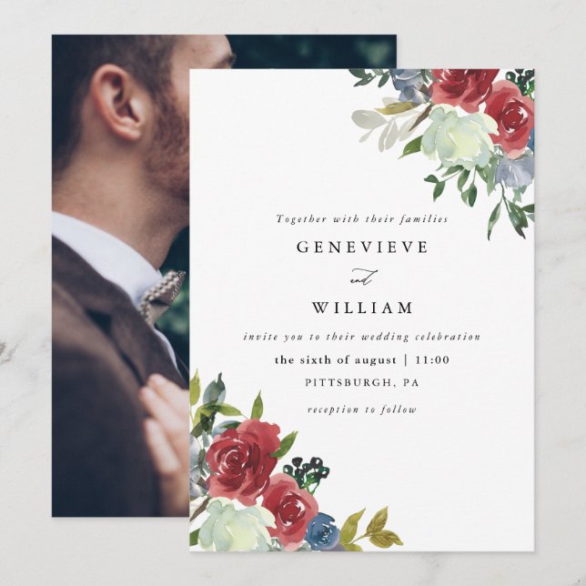 Lush Red Watercolor Floral Bouquet Photo Wedding (Front/Back)