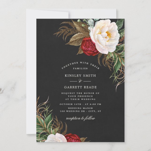 Lush Red Watercolor Peonies Floral Black Wedding Invitation (Front)