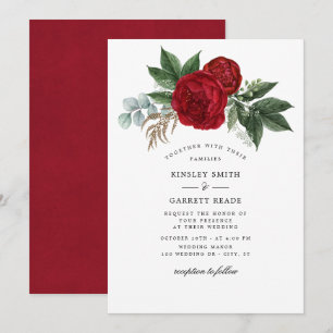 Lush Red Watercolor Peonies White Wedding Invitation