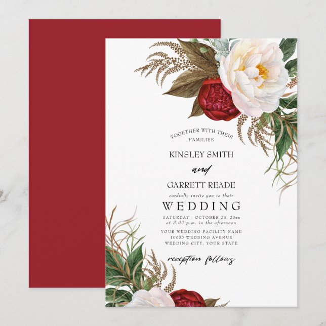 Lush Red & White Watercolor Floral Wedding Invitation (Front/Back)