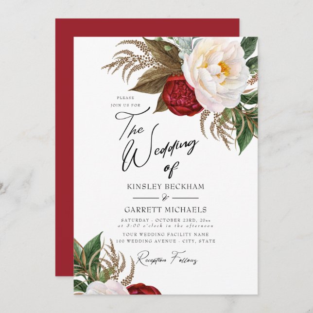 Lush Red & White Watercolor Peonies Wedding Invitation (Front/Back)