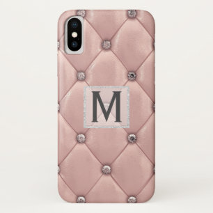 Lush Rose Gold Faux Leather & Diamonds Monogrammed iPhone X Case