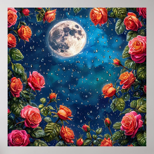 Lush Roses Framing a Full Moon in a Starry Night Poster (Front)