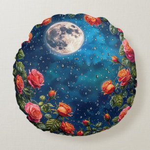 Lush Roses Framing a Full Moon in a Starry Night Round Cushion