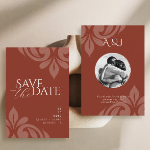 Lush Sienna Classic Script Damask Photo Wedding Save The Date