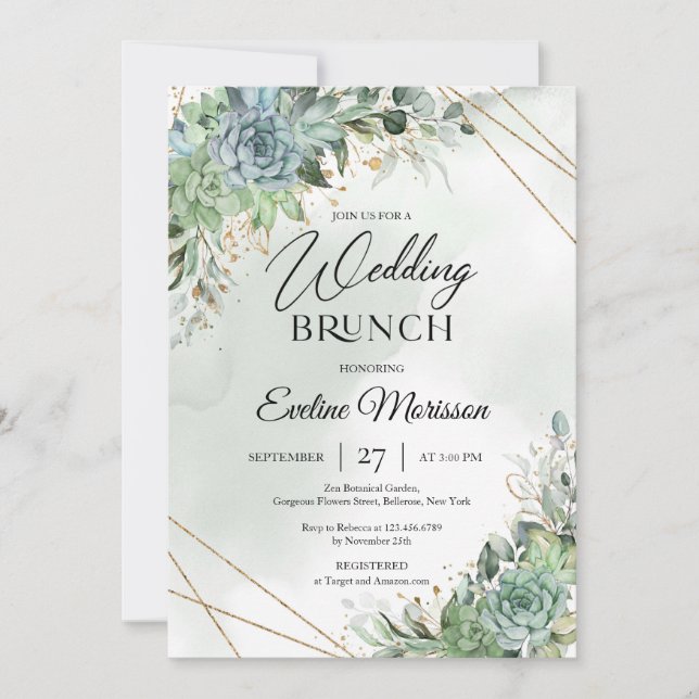 Lush succulents bouquet eucalyptus wedding brunch invitation (Front)