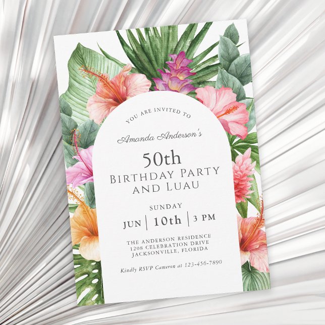 Lush Tropical Floral 50th Birthday Party and Luau Invitation (Available as paperless digital download or printed invitations!)