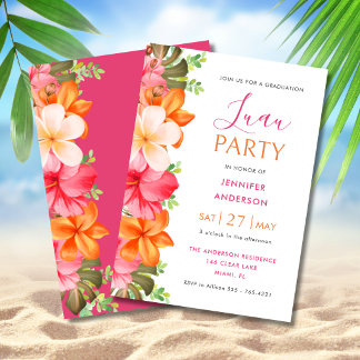 Lush Tropical Floral Graduation Luau Pink Invitation