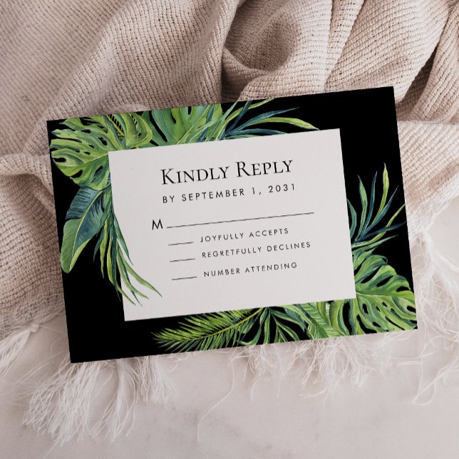 Lush Tropical Foliage Frame Black Wedding RSVP  Card (Creator Uploaded)