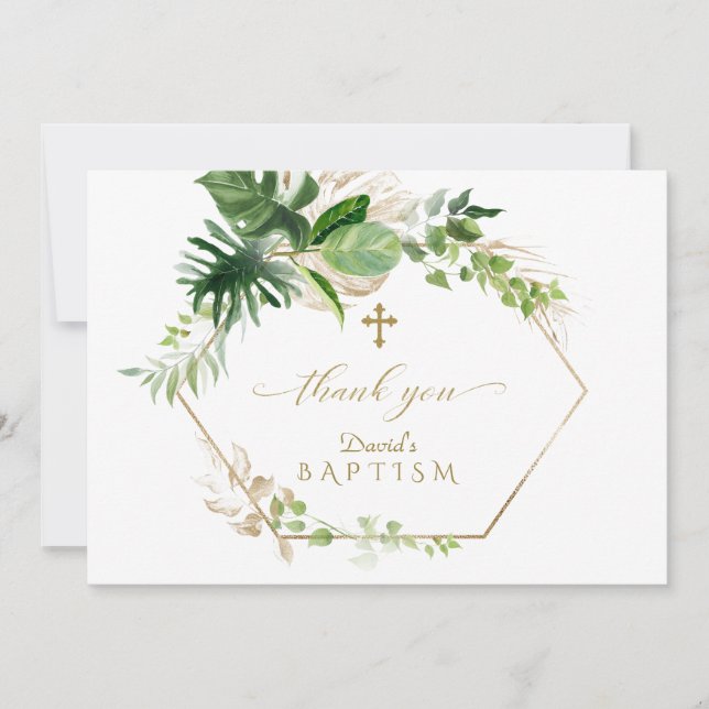 Lush Tropical Foliage Gold Cross Boy Baptism Thank You Card (Front)