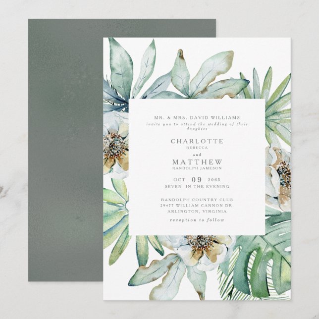  Lush Tropical Foliage Sage Wedding Invitation (Front/Back)