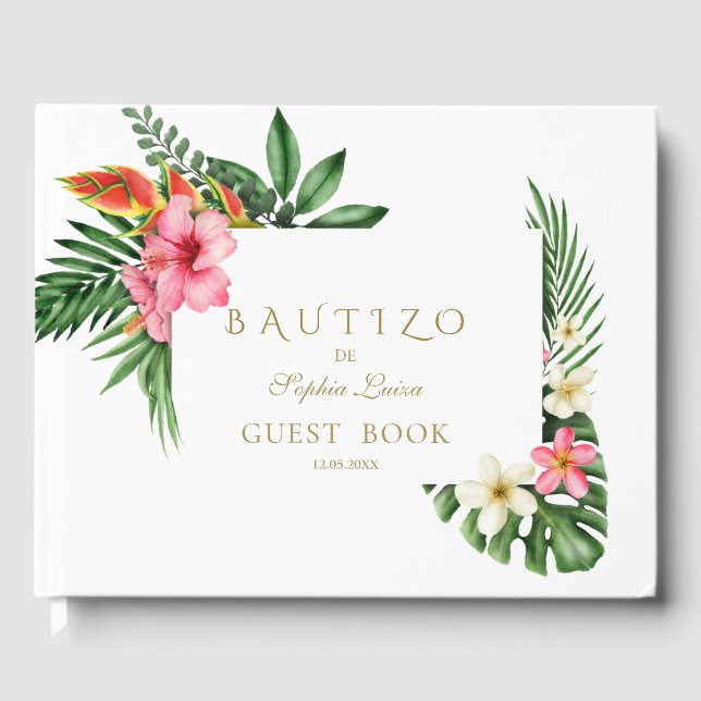Lush Tropical Garden Flowers Bloom Bautizo Guest Book (Front)