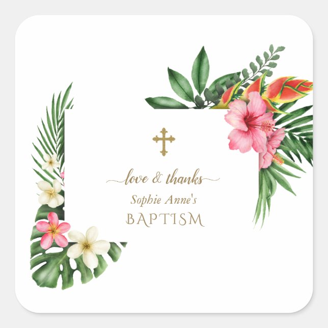 Lush Tropical Garden Flowers Bloom Girl Baptism Square Sticker (Front)
